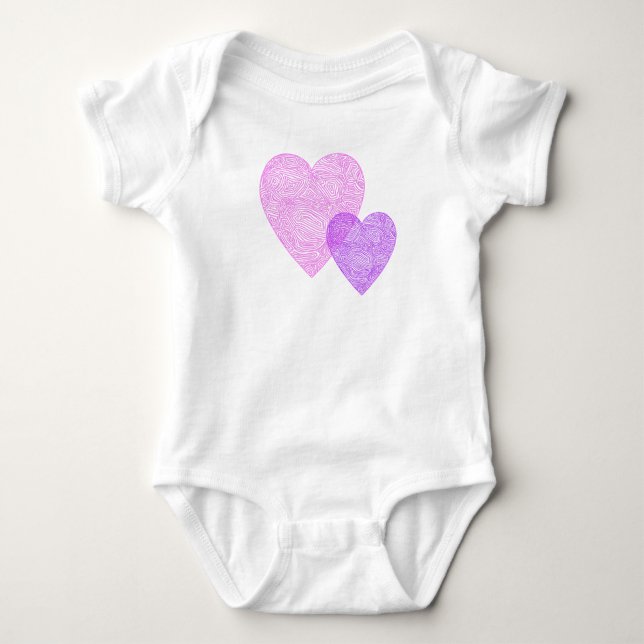Pink and Purple Scribbleprint Hearts Baby Bodysuit (Front)