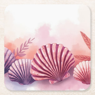 Pink And Purple Seashells Square Paper Coaster