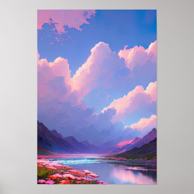 Pink and Purple Skies Over a Mountain Lake Poster (Front)