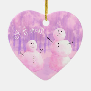 Pink and Purple Snowman Ceramic Ornament