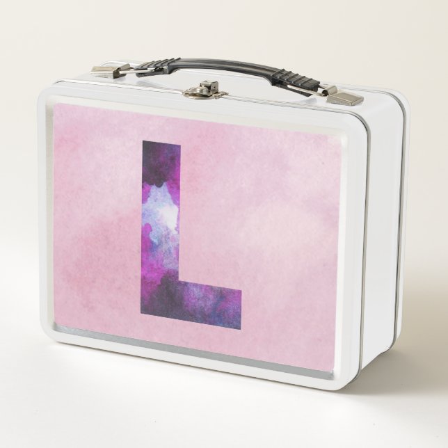 Pink and Purple Space Galaxy Letter L Metal Lunch Box (Front)