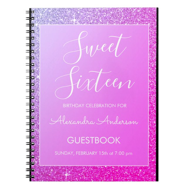 Pink and Purple Sparkle Glitter Sweet 16 Guestbook Notebook (Front)