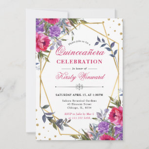 Pink and Purple Spring Flowers Frame Quinceanera Invitation