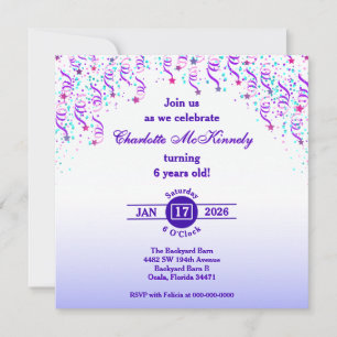 Pink and Purple Stars and Streamers Birthday Invitation