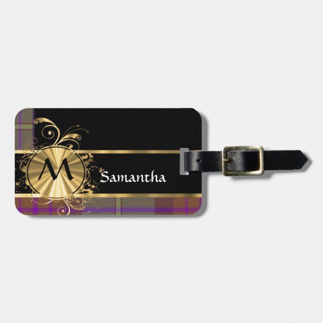 Pink and purple tartan and monogram luggage tag (Front Horizontal)