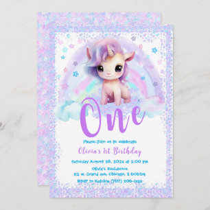 Pink and Purple Unicorn 1st birthday  Invitation