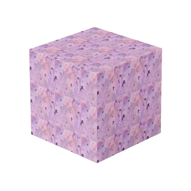 pink and purple unicorn and stars pattern cube (Front Angled)