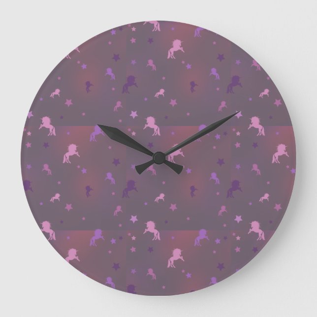 pink and purple unicorn and stars pattern large clock (Front)
