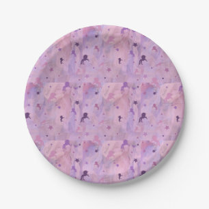 pink and purple unicorn and stars pattern paper plate