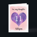 Pink and Purple Watercolor 11th Birthday Daughter Card<br><div class="desc">A personalized pink and purple 11th birthday daughter card that features a watercolor heart against a pink watercolor. You can personalize the watercolor heart with the age you need and add her name underneath the heart. The inside card message reads a birthday message, which can also be personalized if wanted....</div>