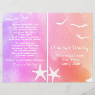 Pink and purple watercolor beach wedding program