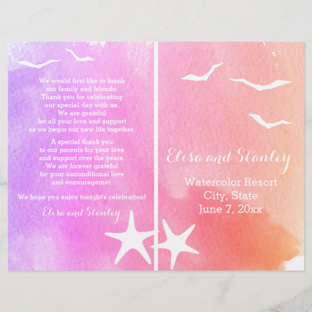 Pink and purple watercolor beach wedding program (Front)