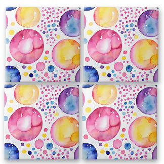 Pink and Purple Watercolor Bubbles Ceramic Tile