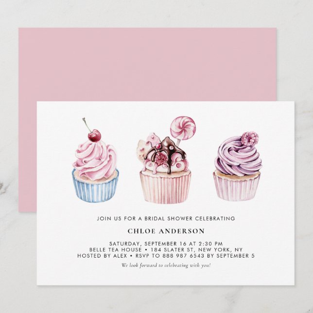 Pink and Purple Watercolor Cupcakes Bridal Shower Invitation (Front/Back)