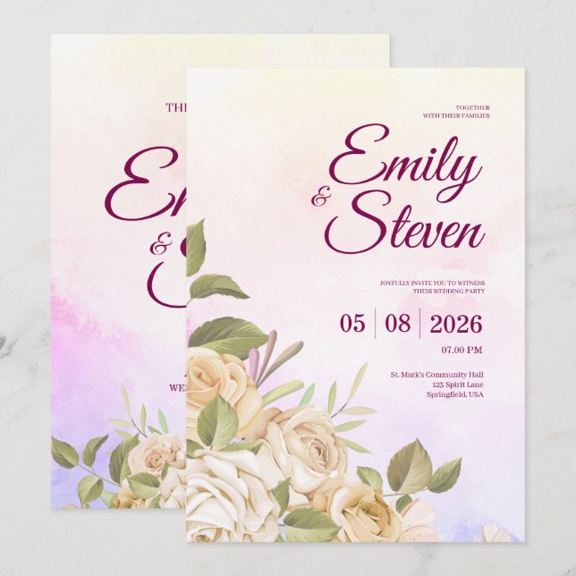 Pink and Purple Watercolor Elegance Wedding Invitation (Front/Back)