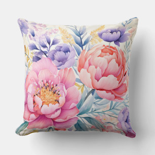 Pink and purple watercolor floral cushion