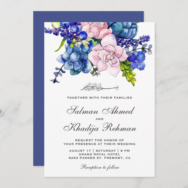 Pink and Purple Watercolor Floral Islamic Wedding Invitation (Front/Back)