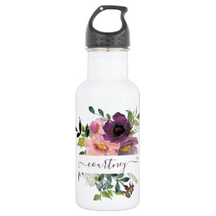 Pink and purple watercolor floral personalised 532 ml water bottle
