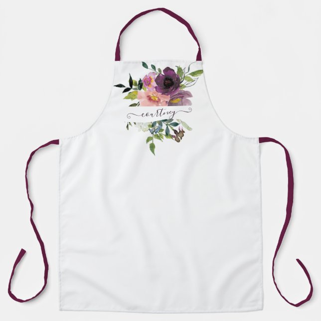 Pink and purple watercolor floral personalised apron (Front)