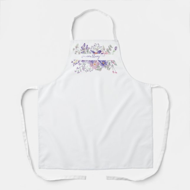 Pink and purple watercolor floral personalised  apron (Front)