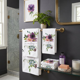 Pink and purple watercolor floral personalised bath towel set