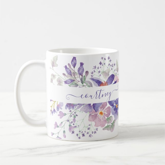 Pink and purple watercolor floral personalised coffee mug (Left)