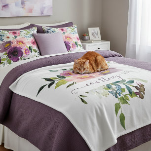 Pink and purple watercolor floral personalised fleece blanket