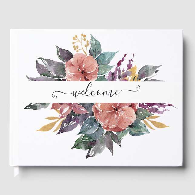 Pink and purple watercolor floral personalised  guest book (Front)