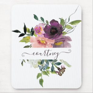 Pink and purple watercolor floral personalised mouse pad