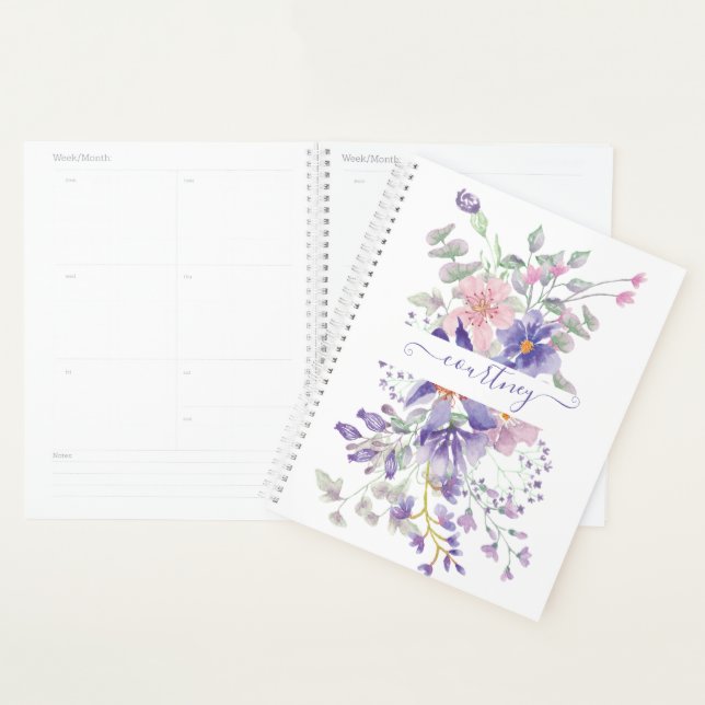Pink and purple watercolor floral personalised planner (Display)