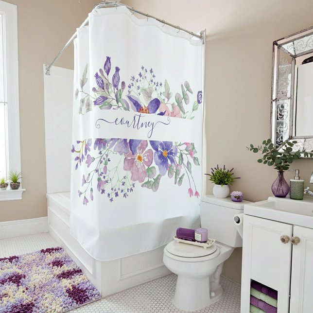 Pink and purple watercolor floral personalised  shower curtain (Creator Uploaded)