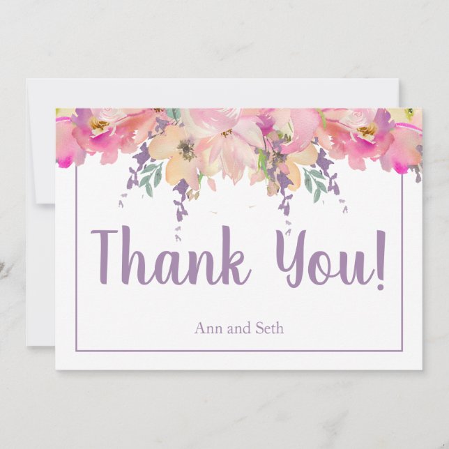 Pink and Purple Watercolor Floral Thank You Card (Front)