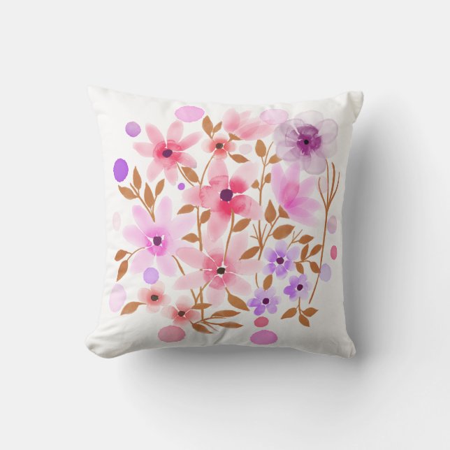 Pink And Purple Watercolor Flowers Cushion (Front)