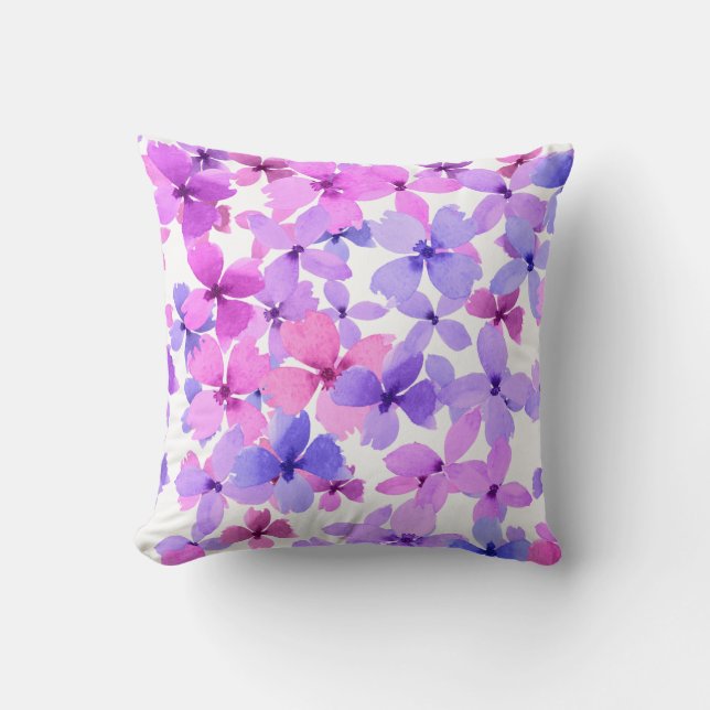 Pink and Purple Watercolor Flowers Cushion (Front)