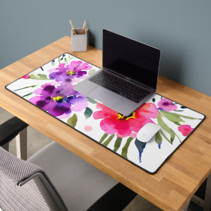 Pink and purple watercolor flowers desk mat