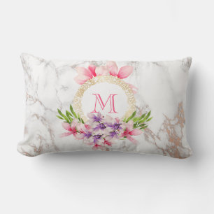 Pink and Purple Watercolor Flowers Monogram Lumbar Cushion