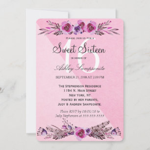 Pink and Purple Watercolor Flowers Sweet 16 Invite