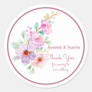 Pink and Purple Watercolor Flowers Thank You  Classic Round Sticker