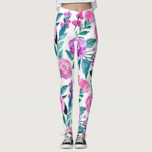 Pink and purple watercolor rose leggings
