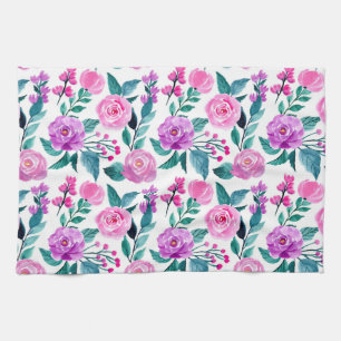 Pink and purple watercolor rose tea towel