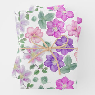 Pink and Purple Watercolor Tropical Flowers Wrapping Paper Sheet