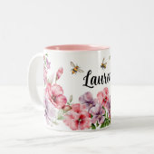 Pink and Purple Wrap-Around Bees and Flowers Two-T Two-Tone Coffee Mug (Front Left)