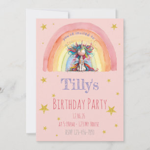 Pink and Rainbow Unicorn Girls birthday invitation