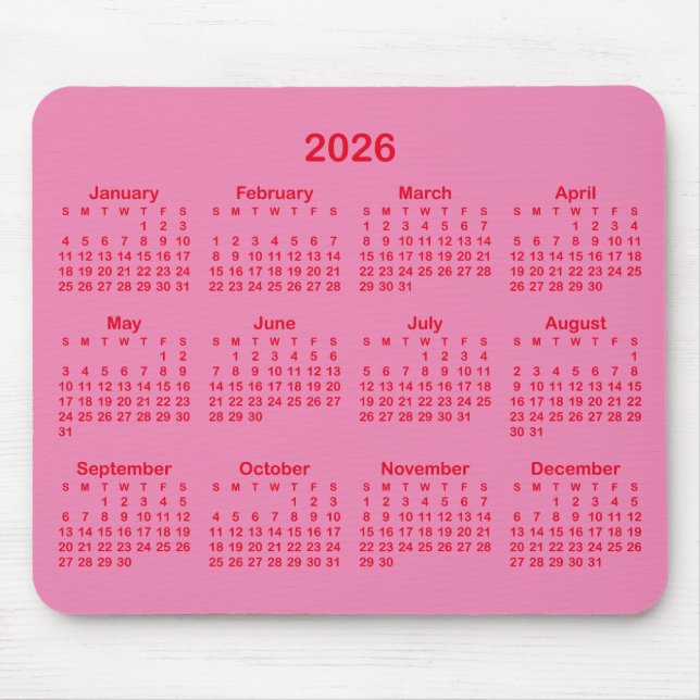 Pink and Red 2026 Calendar Mouse Pad (Front)