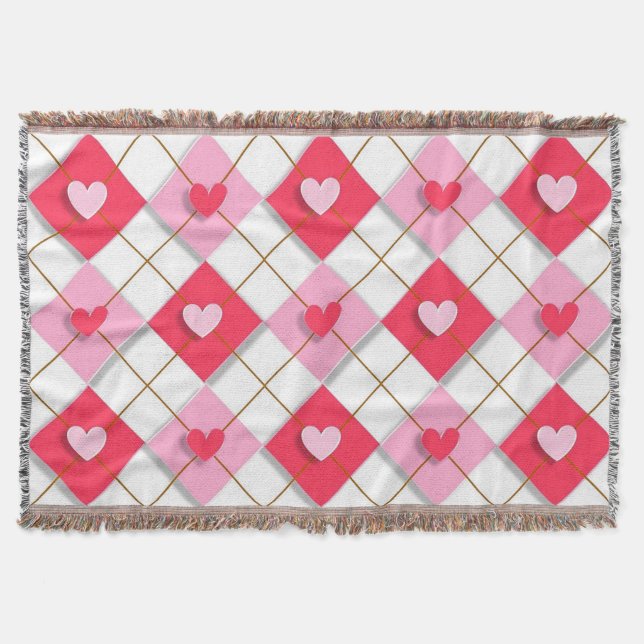 Pink And Red Argyle Hearts Throw Blanket (Front)