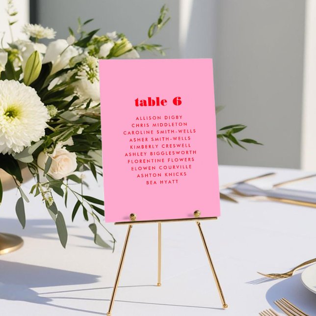 Pink and Red Bold Typography Table Seating Chart (Pink and Red Bold Typography Wedding Table Seating Chart Card)
