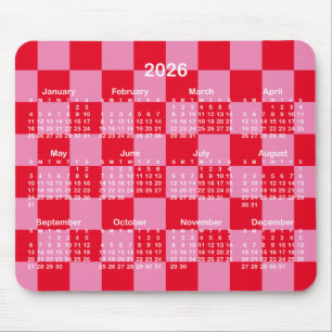 Pink and Red Checkerboard 2026 Calendar Mouse Pad
