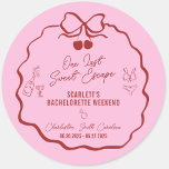 Pink and Red Cherry Bachelorette Weekend Classic Round Sticker<br><div class="desc">Add the perfect finishing touch to your bachelorette weekend with this One Last Sweet Escape round sticker label! Designed with soft pinks,  bold reds,  and chic bow details,  these stickers are perfect for sealing favour bags,  decorating gift boxes,  or adding a sweet touch to party décor.</div>