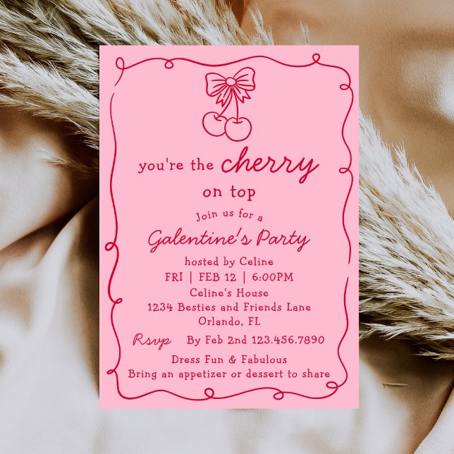 Pink and Red Cherry On Top Galentines Dinner Party Invitation (Creator Uploaded)