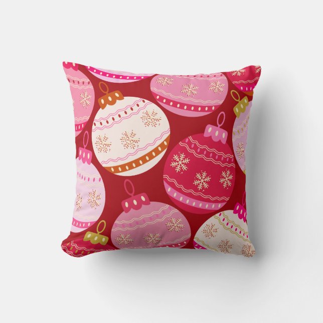 Pink And Red Christmas Baubles Cushion (Front)